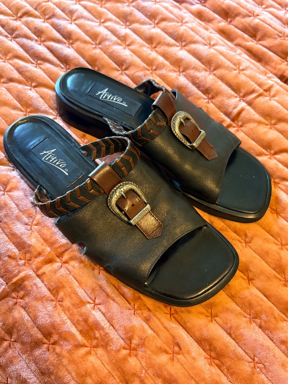 Ativa Women’s Black Leather Slide Sandals with Brown Buckle Detail